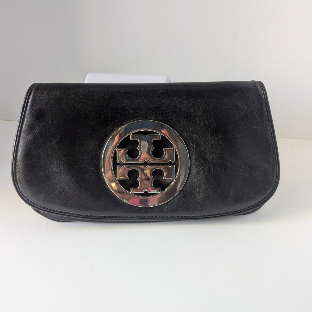 TORY BURCH REVA Black Leather Clutch Purse with Silver Logo